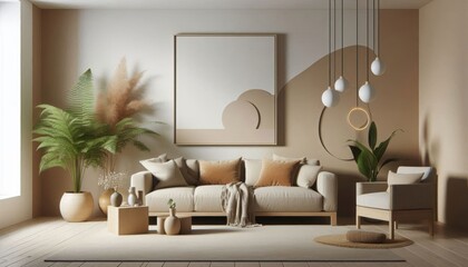 modern living room, minimalist decor, neutral color palette, wooden furniture, large blank framed canvas, cozy atmosphere, indoor plants, contemporary art, subtle elegance, warm lighting