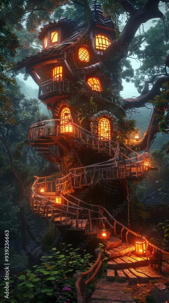 Poster magical treehouse with glowing lights nestled in a forest, creating a warm and enchanting atmosphere