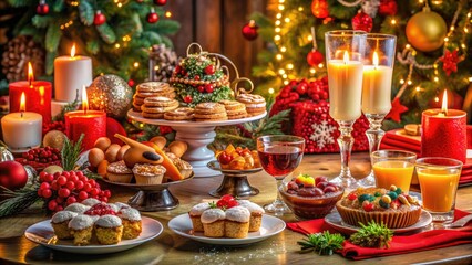 Vibrant holiday gathering featuring a diverse array of festive dishes, sweet treats, and sparkling beverages on a beautifully decorated tablecloth surrounded by candles and ornaments.