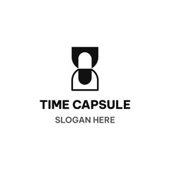 Time capsule logo template in simple flat style. Hourglass and pill vector illustration