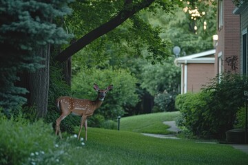 Spotted Deer Standing in a Suburban Backyard