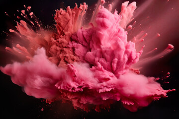 Vibrant pink and red explosion of powder on dark background, dynamic and energetic abstract art
