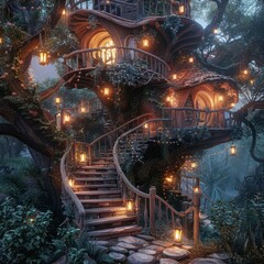 Fototapeta premium Enchanting treehouse with glowing lanterns amidst magical forest. Mystical ambiance with winding steps and charming wooden architecture.