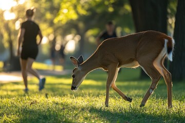 A Deer Grazing in the Grass, a Blurred Runner in the Background
