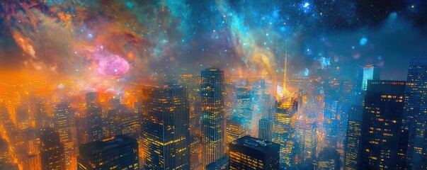 Fototapeta premium A vibrant city skyline illuminated under a surreal cosmic sky, blending urban and astronomical elements in a captivating scene.
