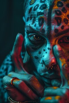 With a mischievous grin, the trickster god showcases elaborate face paint, blending vibrant colors and patterns, evoking mystery and enchantment in the atmosphere