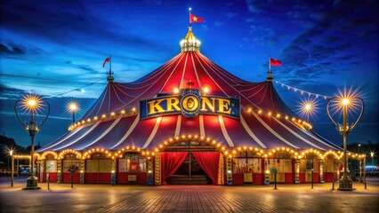 Vibrant lights illuminate a majestic circus tent at night, with the Krone logo emblazoned on the entrance, promising an enchanting spectacle within.