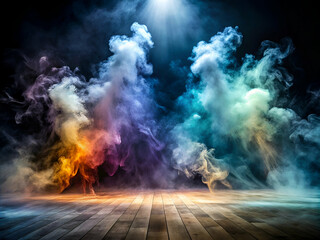 Abstract colorful smoke and rays light on wooden floor dark background