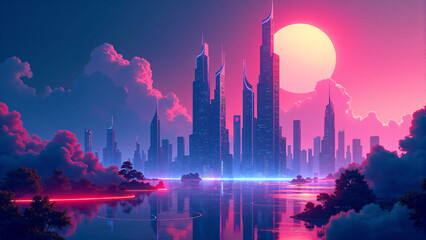 Futuristic Cityscape with Neon Lights. A Sci-Fi urban atmosphere.