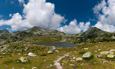 Rocky mountain landscapes and views from Peleaga mountain around glacial lake Bucura in Retezat...