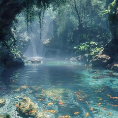 Obraz premium Serene tropical paradise with clear turquoise water, abundant fish, and lush green forest. Calm and tranquil natural scene.