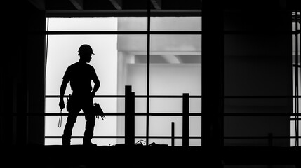 現場作業員のモノトーンなシルエット背景素材