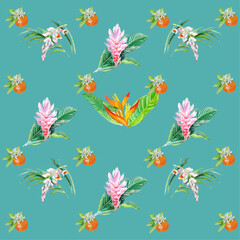 Hawaiian Watercolor Vector Flowers Seamless Pattern. Summer Textile Watercolor Flowers Vector Pattern. Jungle Botanical Texture. Retro Seamless Floral Wallpaper. Hand Painted Hawaii Clothes Design.