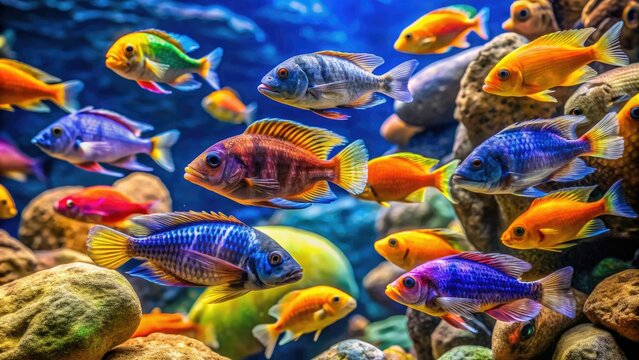 Vibrant mbuna cichlids swim amidst rocky crevices and colorful coral in a sun-drenched Lake Malawi aquarium, showcasing their iridescent scales and lively underwater world.
