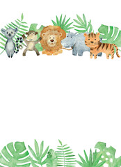 Vector Baby shower card. Watercolor safari card with animals.