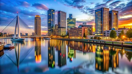 Vibrant modern architecture meets historic charm in Rotterdam, Netherlands, with sleek skyscrapers, ornate bridges, and glittering harbor lights reflecting off the Maas River's calm waters.