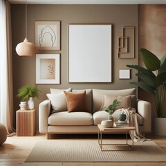 modern living room, minimalist decor, neutral color palette, wooden furniture, large blank framed canvas, cozy atmosphere, indoor plants, contemporary art, subtle elegance, warm lighting