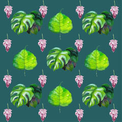 Hawaiian Watercolor Vector Flowers Seamless Pattern. Hand Painted Hawaii Textile Design. Jungle Botanical Texture. Summer Clothes Watercolor Flowers Vector Pattern. Retro Seamless Floral Illustration.