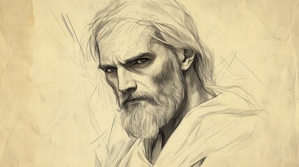 Fototapeta premium Illustration of Job Replies to Eliphaz - Sorrow and Defiance as Job Challenges Divine Justice, Beige Background