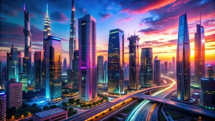 Vibrant neon lights illuminate a futuristic cityscape at dusk, with sleek skyscrapers, glowing billboards, and technologically advanced infrastructure, conveying a sense of innovation and progress.