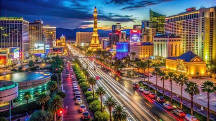Fototapeta premium Vibrant neon lights illuminate the Strip's bustling nightlife, where luxury cars and high-end casinos converge, showcasing the city's extravagant entertainment and leisure culture.