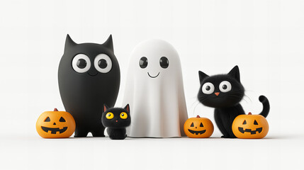 Obraz premium A group of Halloween characters, including a cat and two ghosts, are holding pumpkins. The scene is cheerful and playful, with the characters posing for a photo