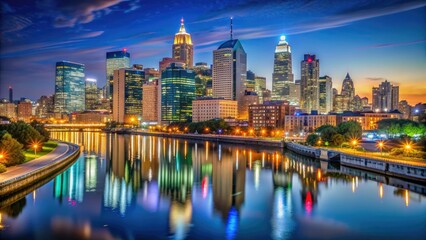 Vibrant nighttime cityscape of Philadelphia's soaring skyscrapers, neon-lit streets, and majestic Delaware River waterfront, with twinkling lights reflecting off the calm water.