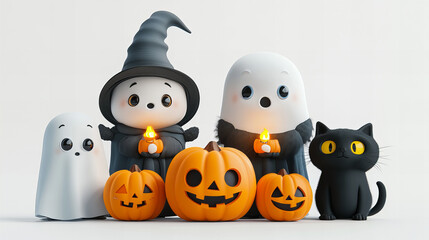 A group of Halloween characters, including a cat and two ghosts, are holding pumpkins. The scene is cheerful and playful, with the characters posing for a photo
