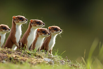 A stoat family is lined up at the edge of a meadow, showcasing the natural behavior of these small carnivorous mammals in their rural habitat.