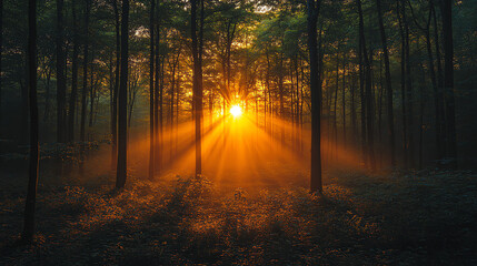 Fototapeta premium Sunlight streams through a misty forest, illuminating tall trees.