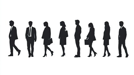 Vector silhouettes of men and a women  a group of standing and walking business people  black color isolated on white background