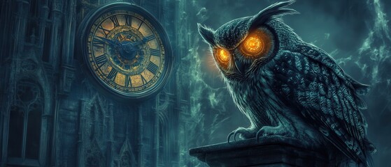 A mystical owl with glowing eyes perched in front of a grand gothic clock tower at night, creating a mysterious and magical atmosphere.
