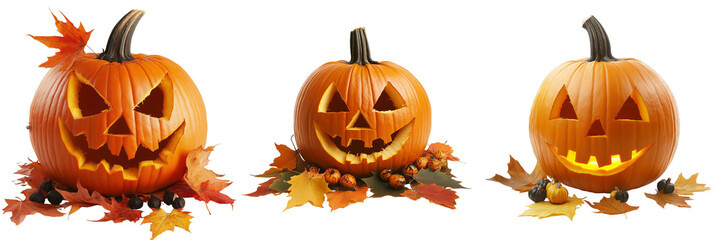 Fototapeta premium set of a carved pumpkin with a spooky face surrounded by autumn leaves and mini pumpkins on a transparent background