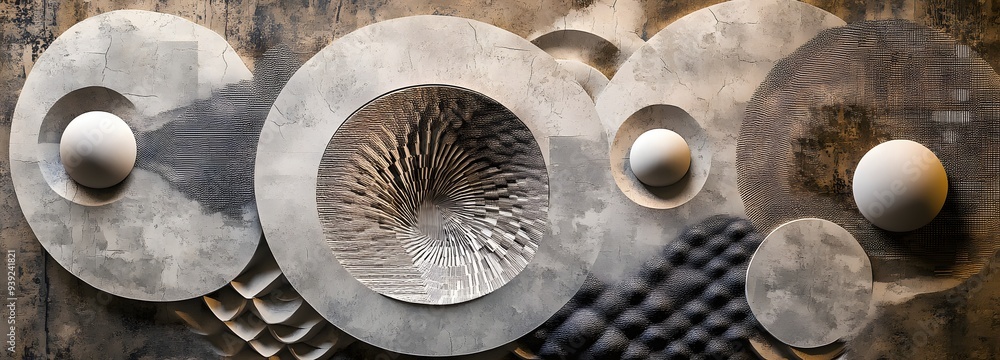 Aufkleber 44. dynamic 3d wall art featuring a blend of geometric patterns and a textured circle ceramic backdr