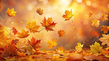 Vibrant orange and yellow fall leaves scatter across a gradient background, blending warm earthy tones with soft, blurred texture, evoking cozy autumnal ambiance.
