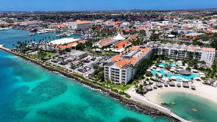 Scenic Island At Oranjestad In Caribbean Netherlands Aruba. Caribbean City. Downtown Skyline. Oranjestad At Caribbean Netherlands Aruba. Cityscape Landmark. Colorful Buildings.