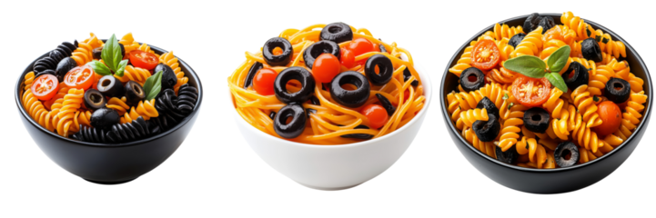set of a bowl of Halloween-themed pasta with orange and black noodles, garnished with olives and tomatoes on a transparent background