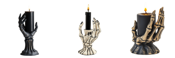 set of spooky skeleton hand candle holders on a transparent background
