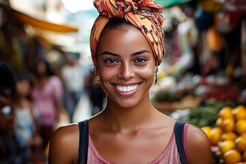 Fototapeta premium Radiant smile in a vibrant market setting&nbsp;