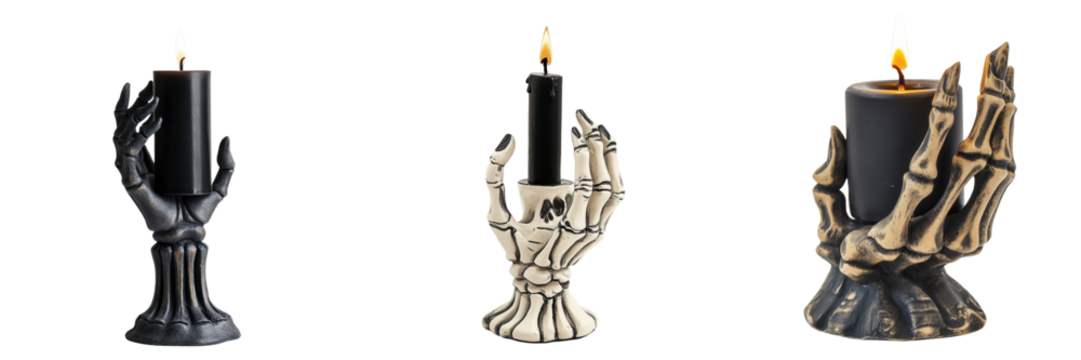 set of spooky skeleton hand candle holders on a transparent background