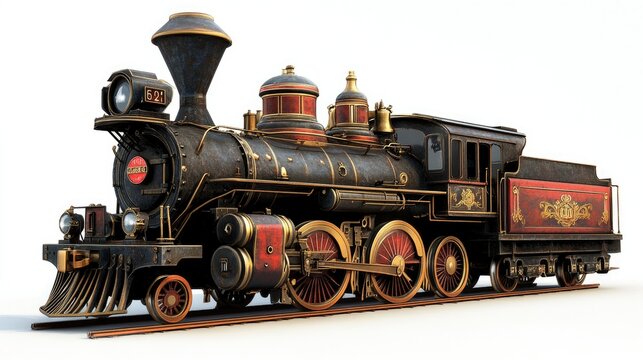 Vintage steam old train locomotive 3d rendering on a white background 