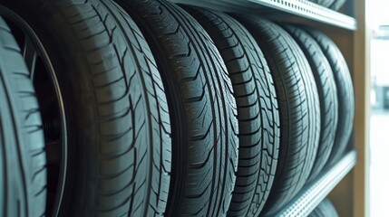 Fototapeta premium Close-up of stacked car tires on display. These tires show detailed tread patterns and rubber texture. Ideal for automotive enthusiasts or tire retailers. AI.