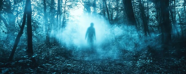 Obraz premium A mysterious figure emerges through dense fog in an eerie forest, evoking a sense of intrigue and suspense.
