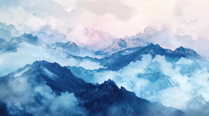 A serene watercolor landscape featuring majestic mountains enveloped in soft clouds, evoking tranquility and natural beauty.