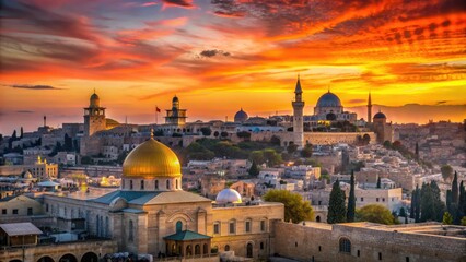 Obraz premium Vibrant oranges and pinks illuminate the ancient cityscape of Jerusalem as the sun rises over the historic walls and domes of the old city.