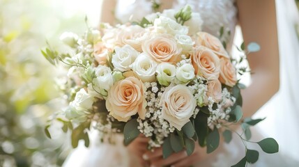 Wedding bouquet. Beige flowers. Wedding day. Bride.