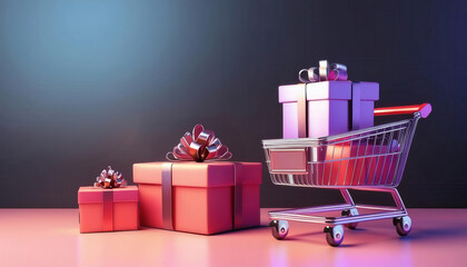 A shopping cart overflowing with colorful gift boxes against a dark background.  The image evokes a sense of excitement and anticipation.