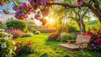 Obraz premium Vibrant outdoor scene featuring a cozy backyard with a wooden swing hanging from a blooming tree branch, surrounded by lush greenery and colorful flowers.