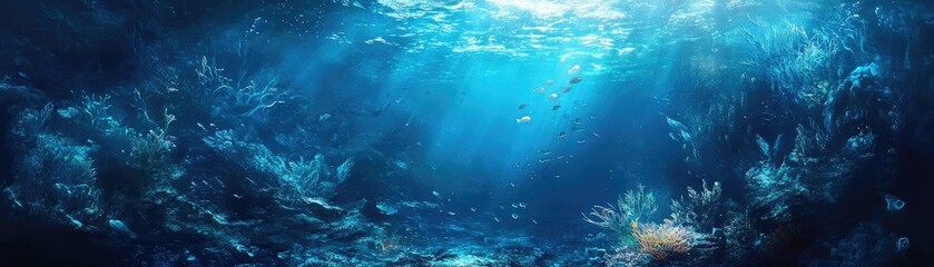 Fototapeta premium Beneath the tranquil ocean lies a mesmerizing underwater scene filled with vibrant marine life and gentle sunlight.