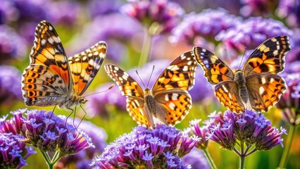 Vibrant painted lady butterflies with intricate wing patterns and delicate bodies flutter around bright purple flowers on a sunny summer day.